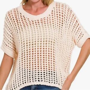 Zenana Outfitters Cream 💯 Cotton Crochet Short Sleeve Sweater